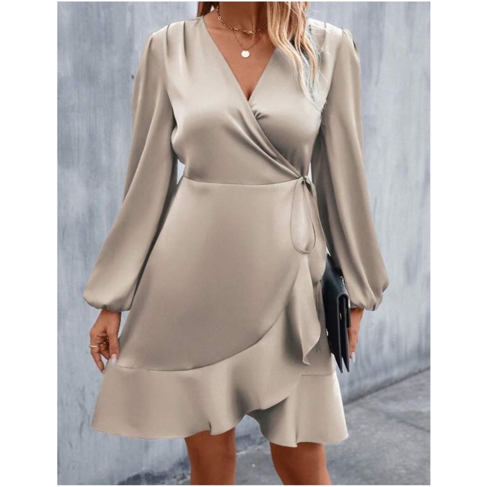 Luxe Satin Ruffle Swrap Mini Dress - Picture 2 of 4